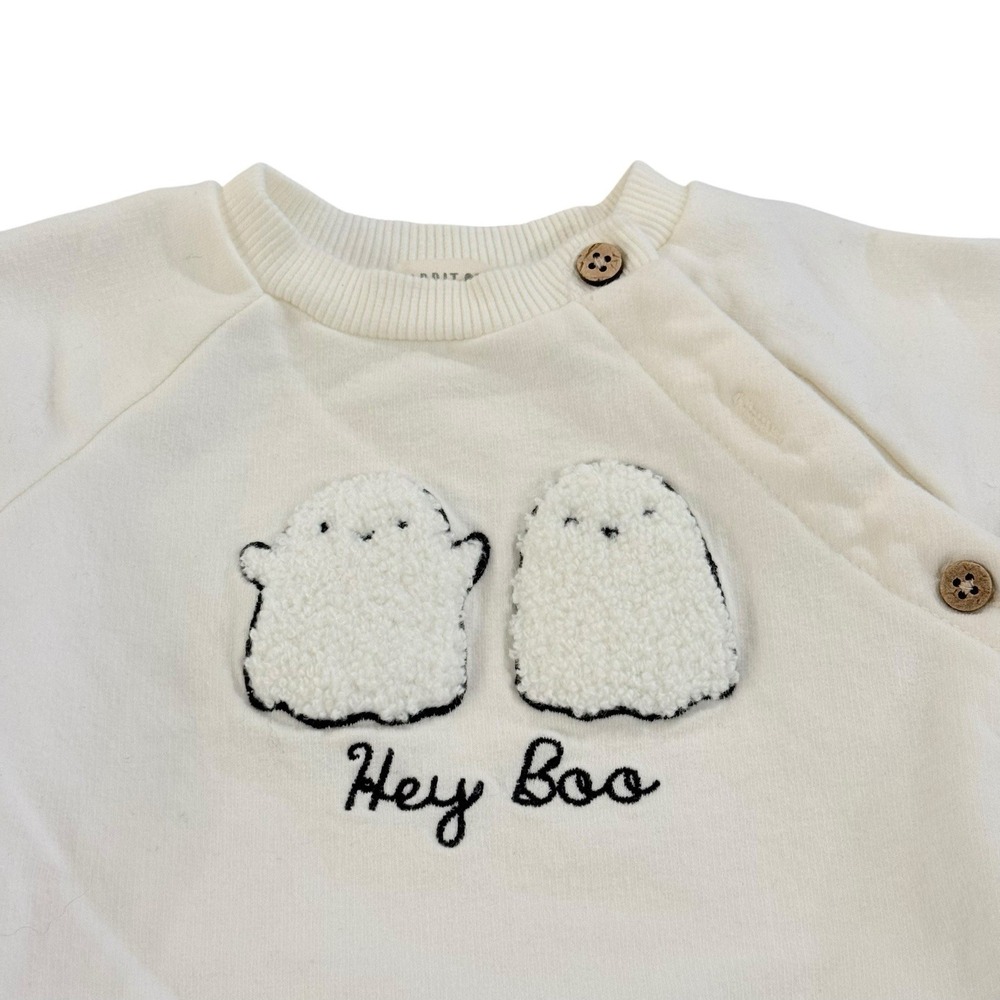 Rabbit + Bear Organic 3-6m Unisex Sweatsuit  Cream W/ghost Hey Boo Missing Butto